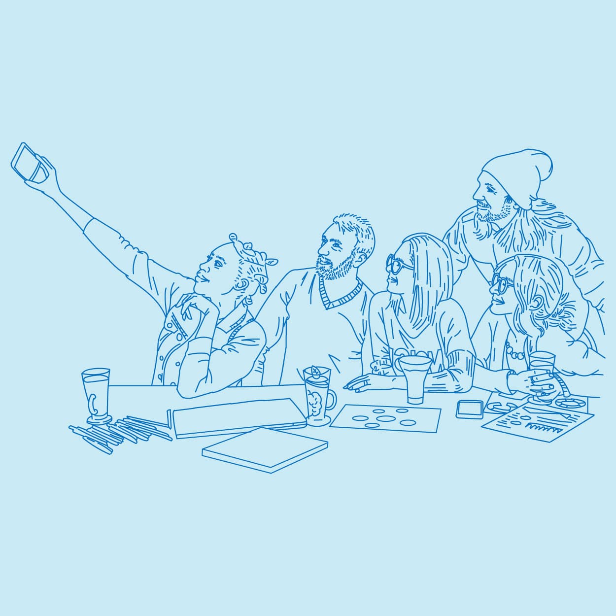 Line illustration of friends taking a group selfie around a café table