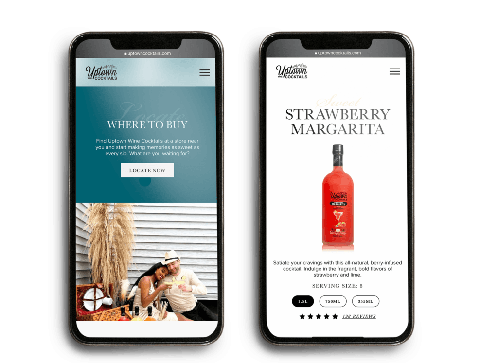 Phone mockups of Uptown Cocktails website showing store locator and Strawberry Margarita product page