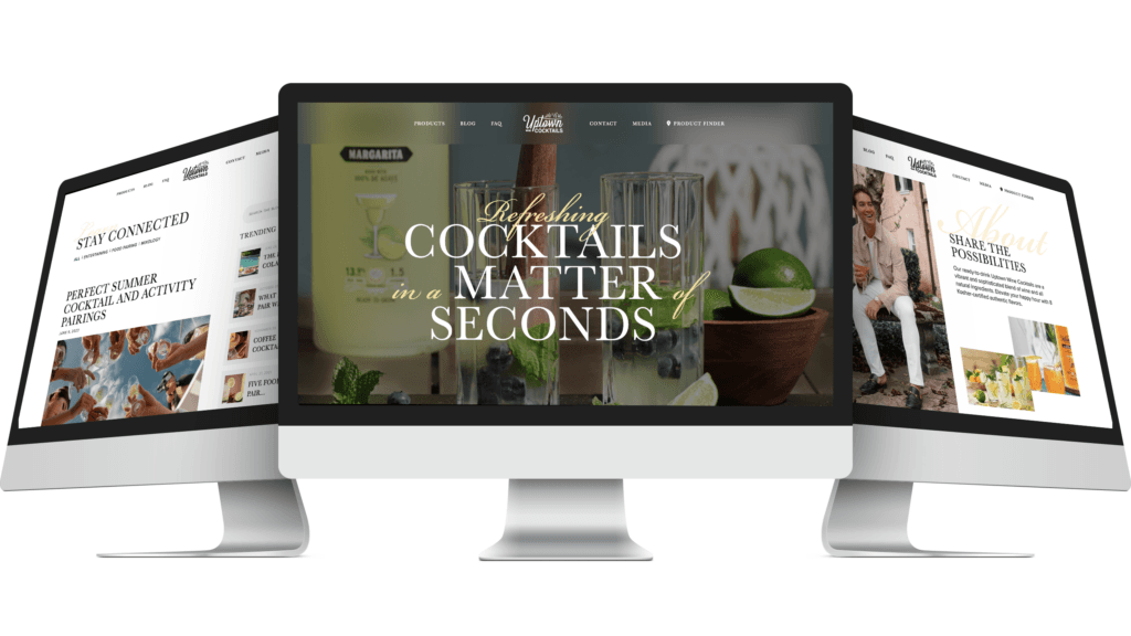 Uptown Cocktails website homepage displayed across three desktop monitor mockups