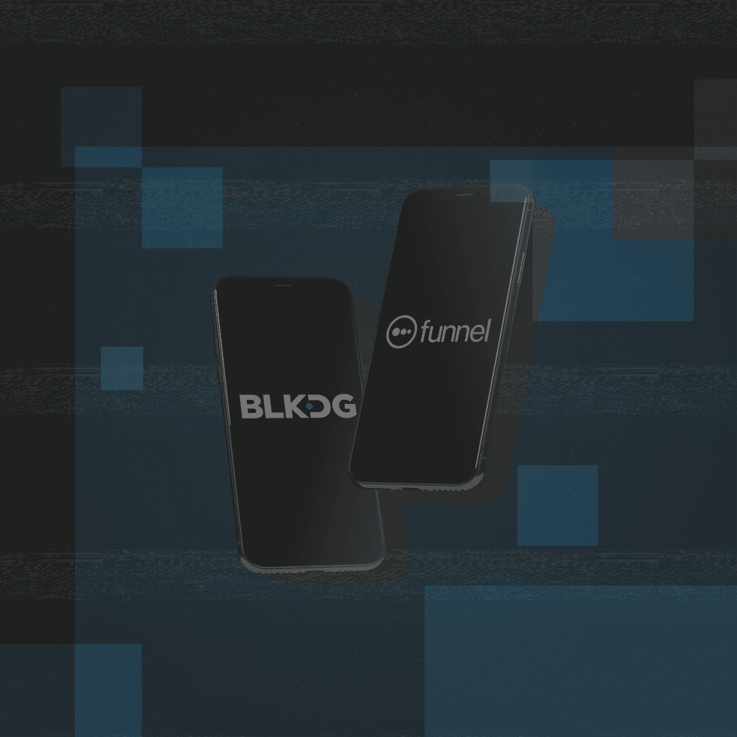 Two phone mockups displaying BLKDG and Funnel logos on dark screens
