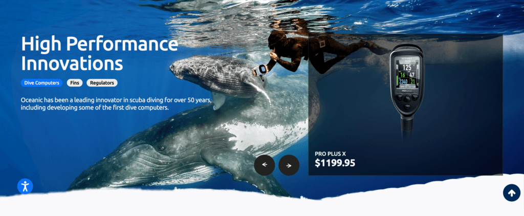 Ecommerce dive-gear website homepage banner with freediver, whale photo, and dive computer product