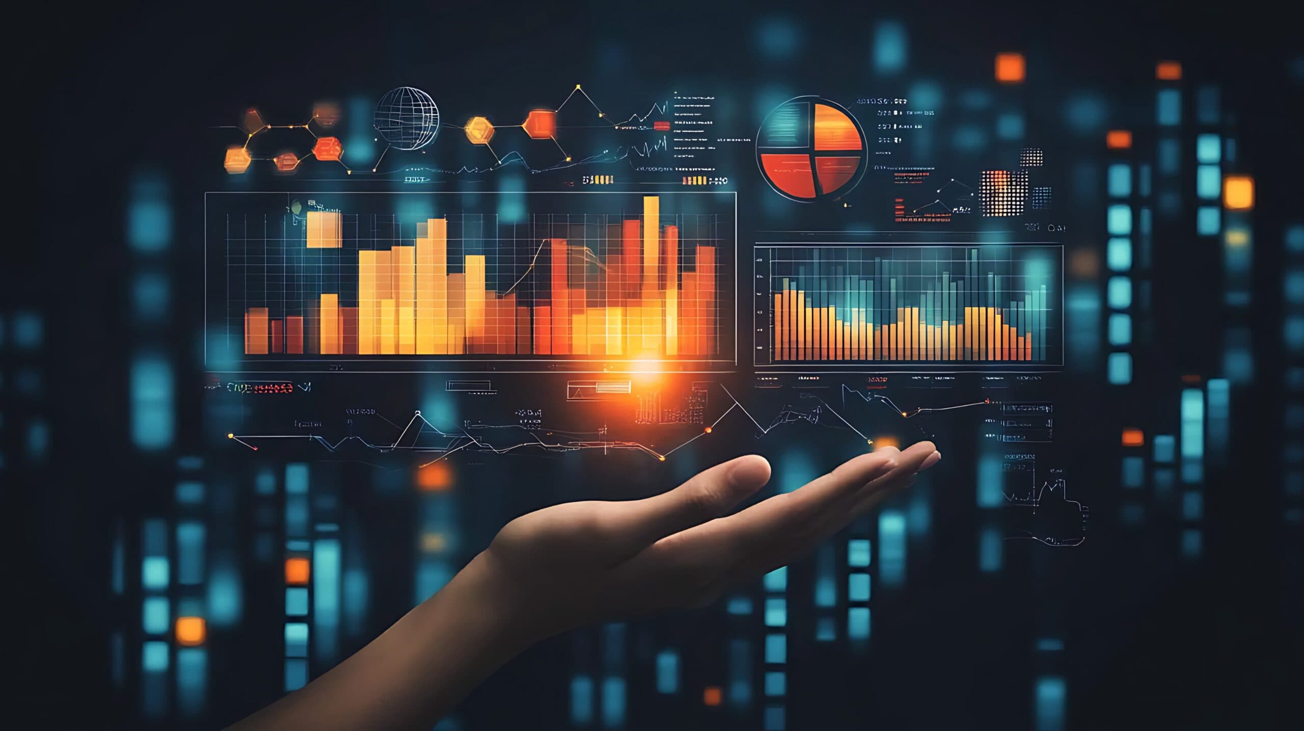 Hand presenting holographic bar charts and data dashboard graphics
