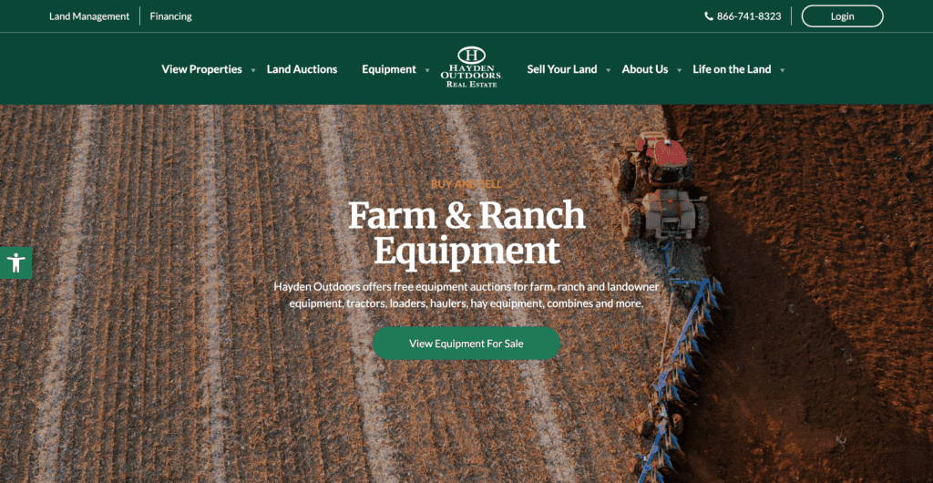 Hayden Outdoors website page for farm and ranch equipment for sale