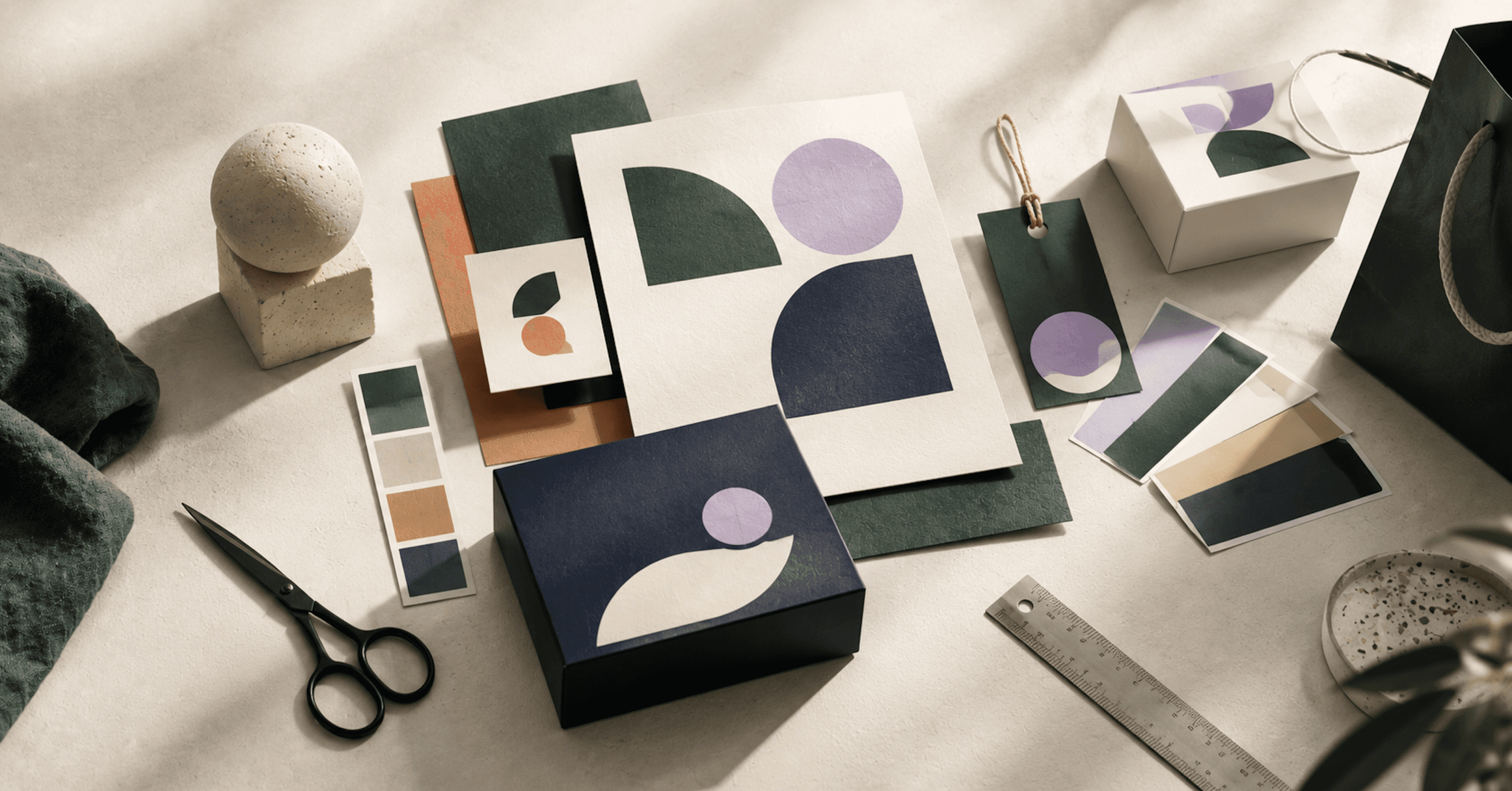 Tactile brand identity materials arranged around custom shapes, color swatches, packaging, labels, and design tools, representing a distinctive brand system built beyond a standard template.