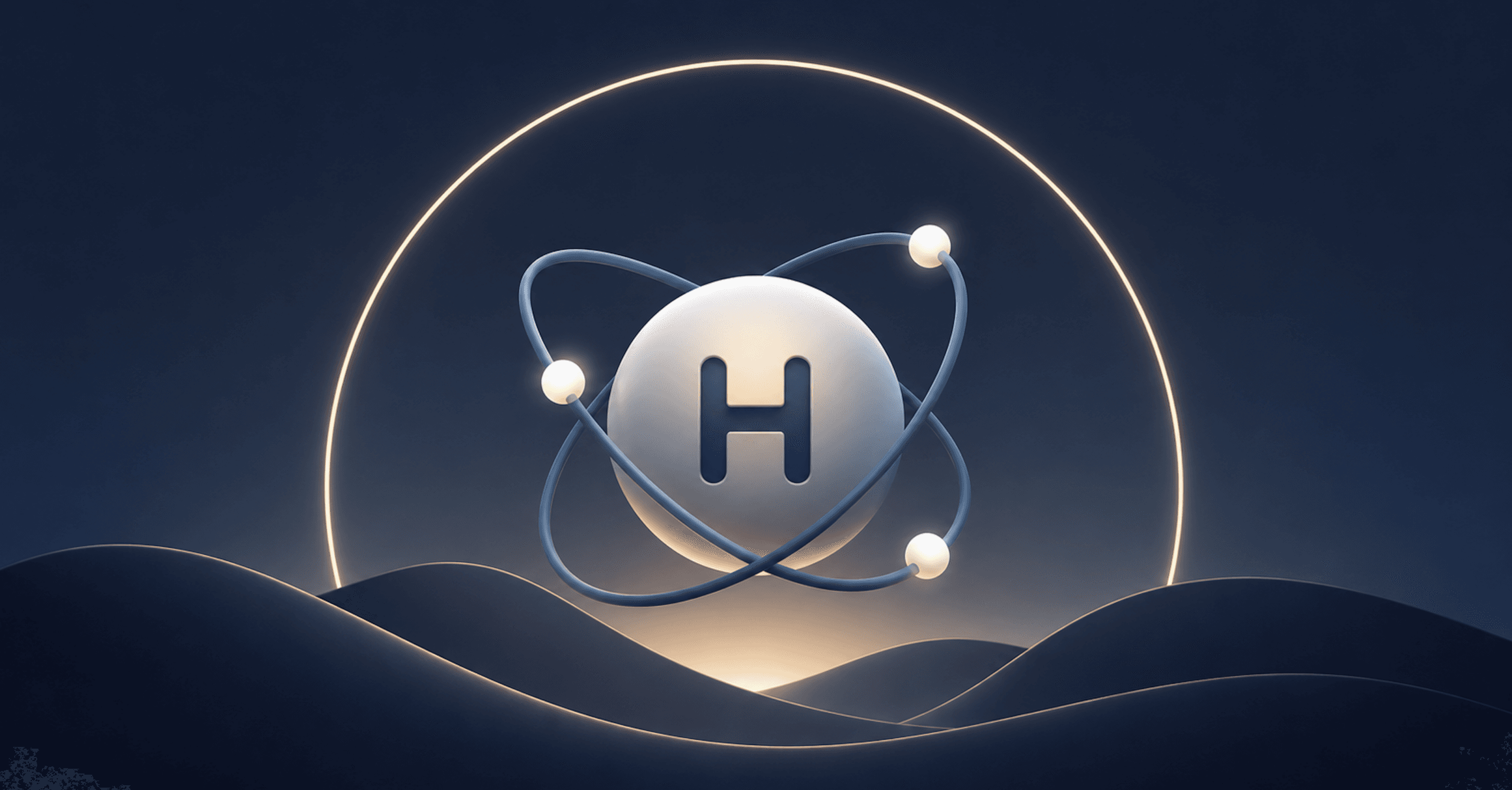 Stylized illustration of a glowing hydrogen atom floating above layered waves, representing Shopify Hydrogen and modern web development technology.