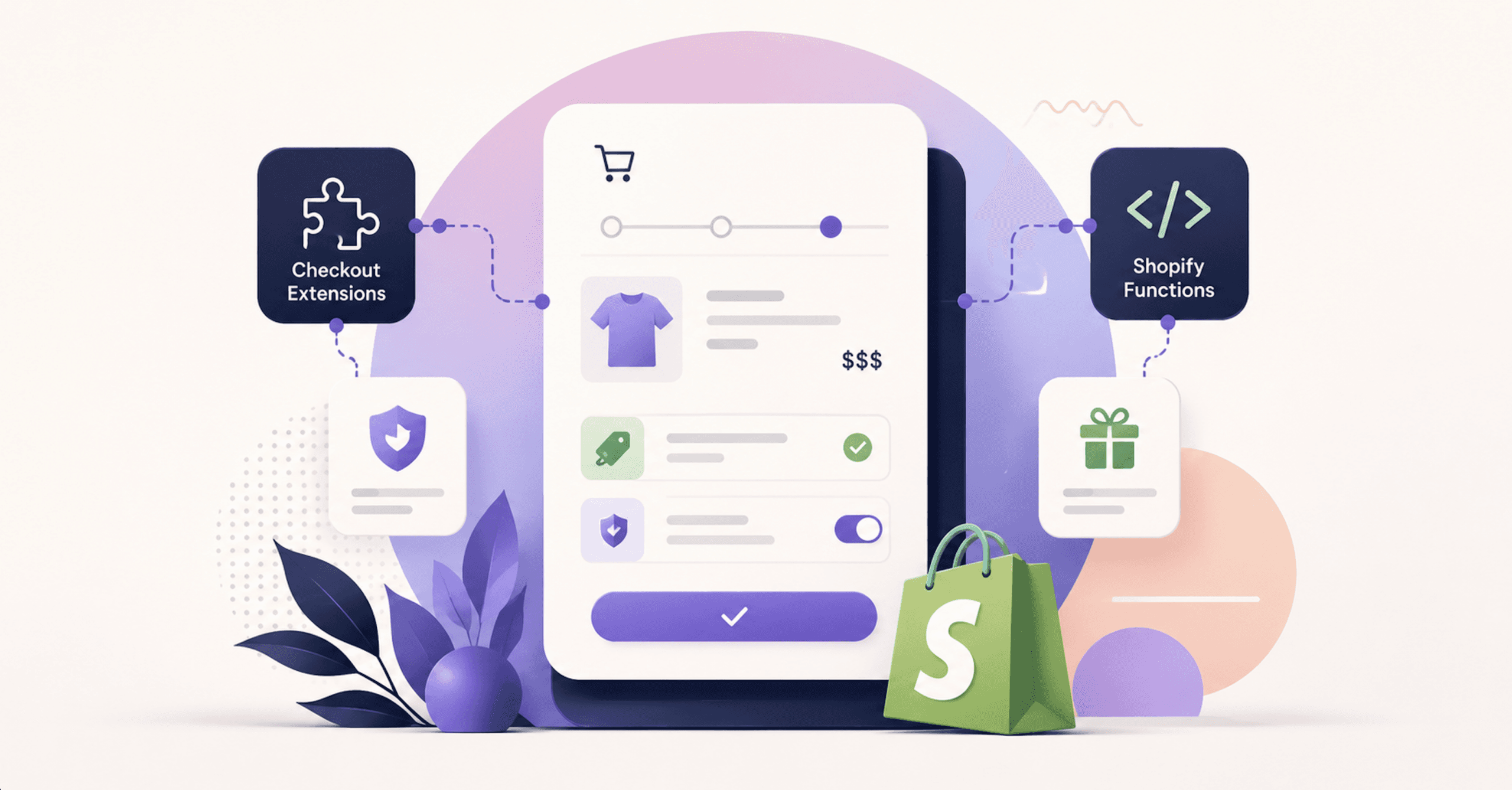 Customizable Shopify checkout interface with connected checkout extensions and Shopify Functions, representing flexible checkout features, security, discounts, and personalized purchasing experiences.