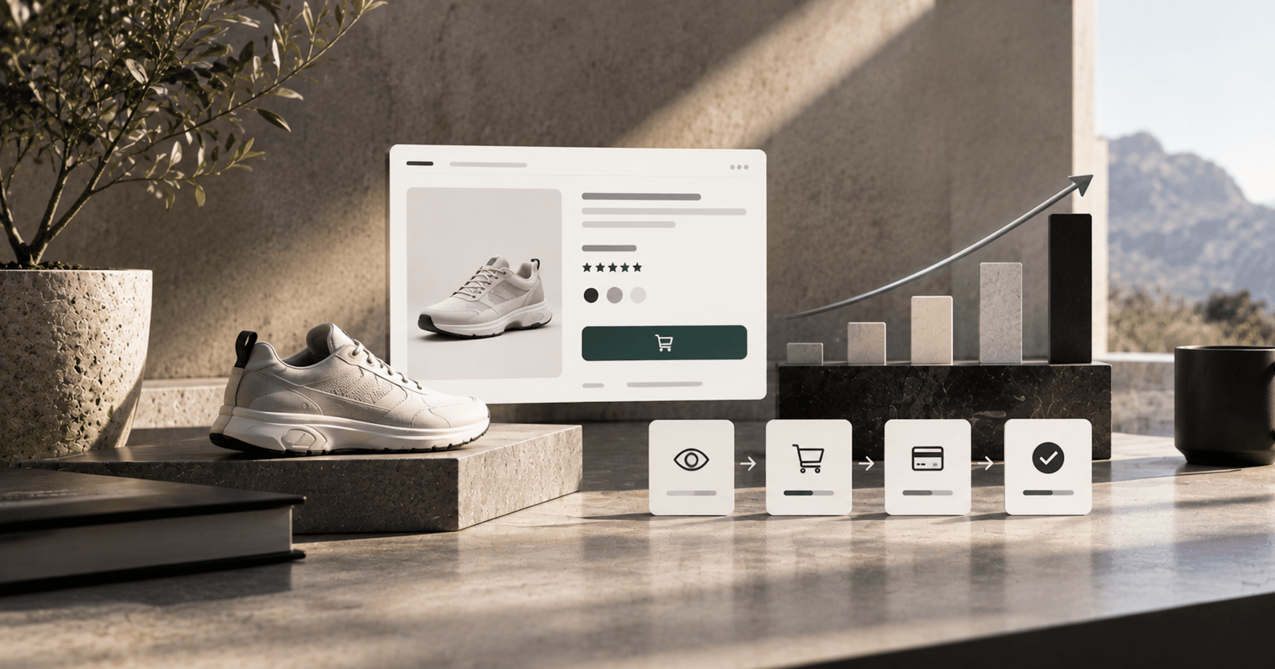 Ecommerce product page and conversion funnel progressing from product views to cart, payment, and completed purchase