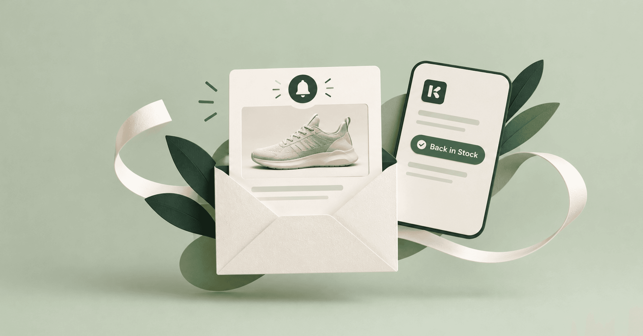 Illustration of a back-in-stock email notification featuring a product card with a sneaker, a notification bell, and a smartphone displaying a restock alert, surrounded by layered green botanical elements on a sage background