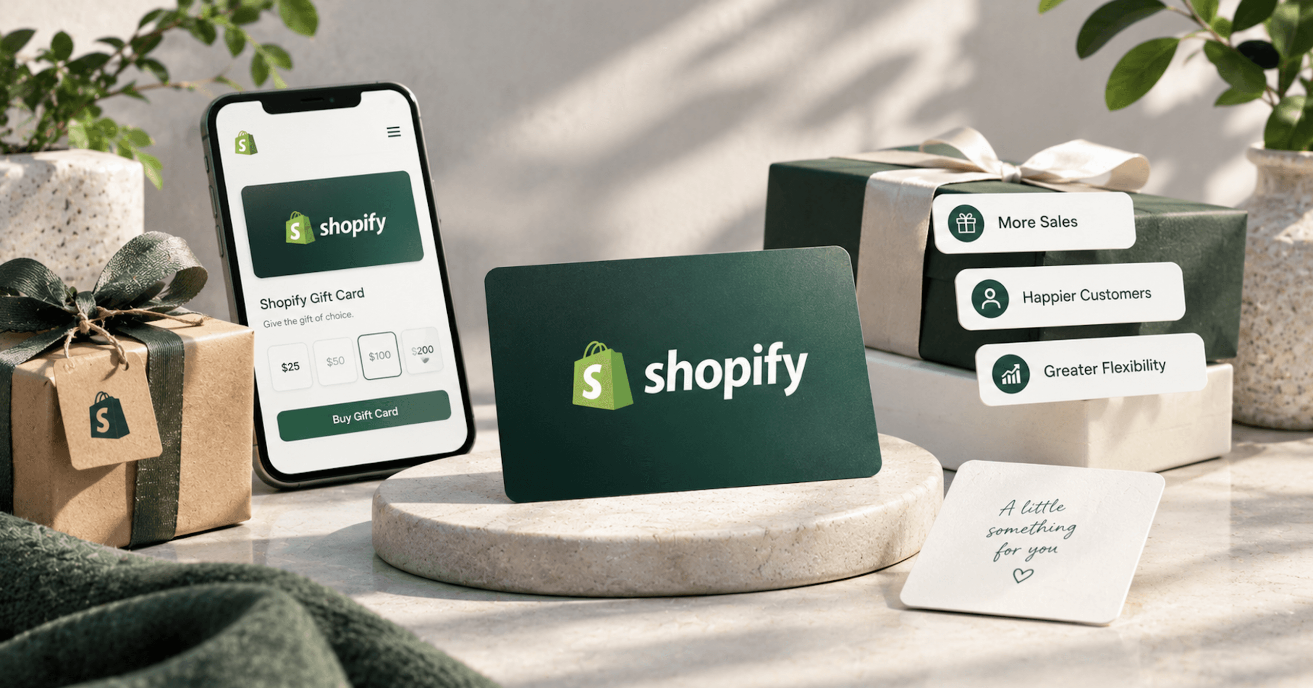 Shopify gift card displayed alongside a mobile gift card purchase experience and wrapped presents, representing digital gifting, customer flexibility, and additional ecommerce sales