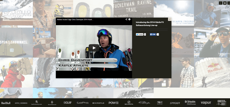 Ski brand website screenshot showing a video of Kästle athlete Chris Davenport with sponsor logos