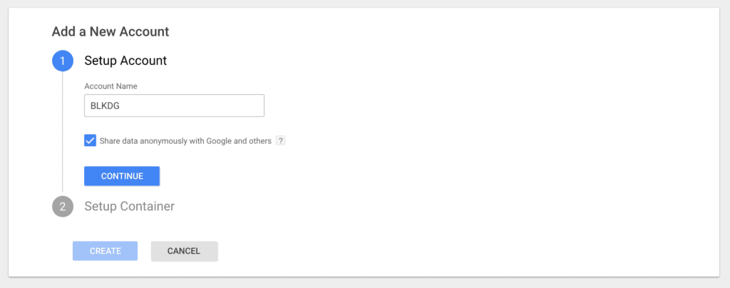 Google Tag Manager new account setup screen with account name field and continue button