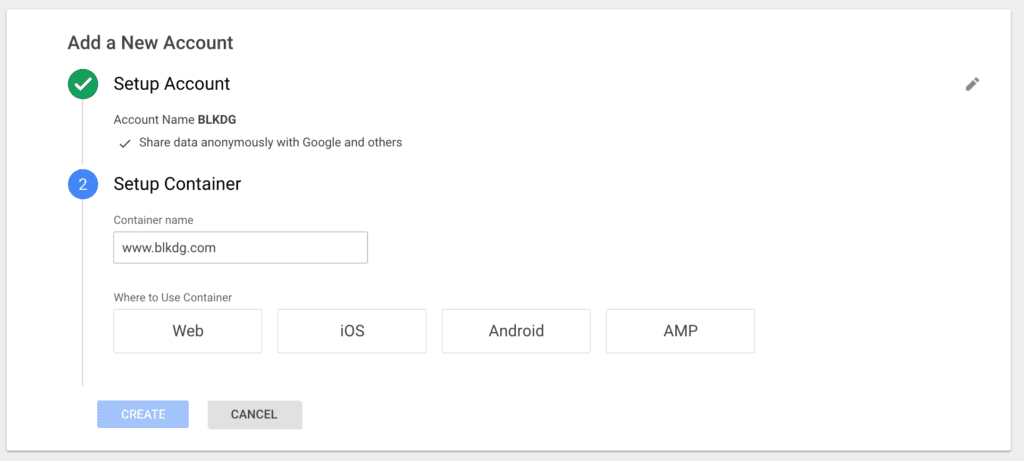 Google Tag Manager account setup screen for BLKDG showing container name www.blkdg.com