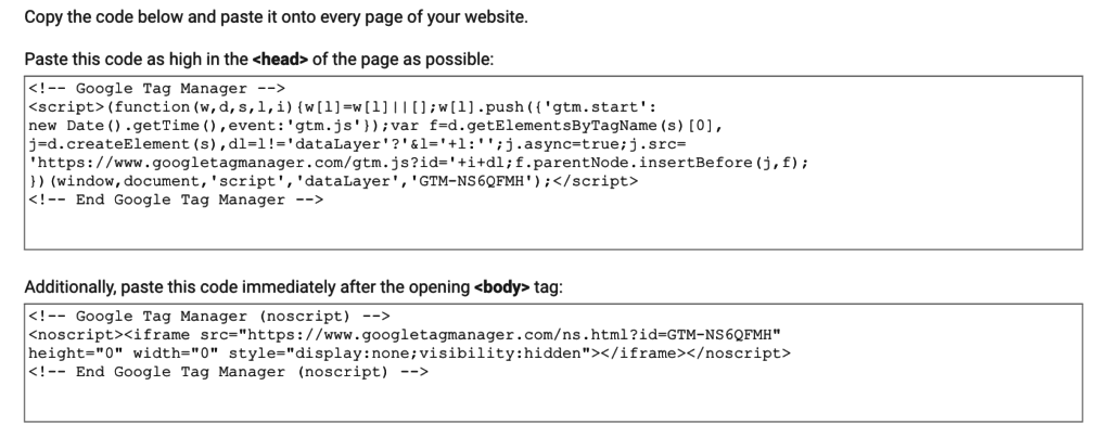 Google Tag Manager installation instructions displaying head and body script code blocks