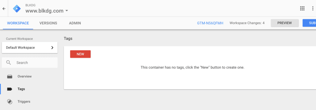 Google Tag Manager empty tags list for blkdg.com container GTM-NS6QFMH