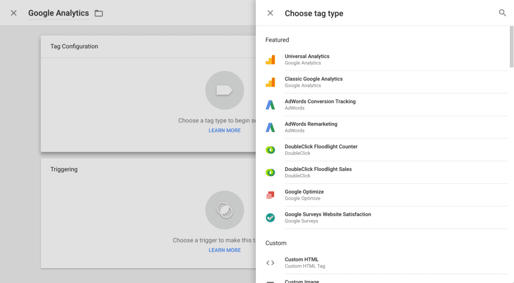 Google Tag Manager tag type selection panel listing Universal Analytics and AdWords options