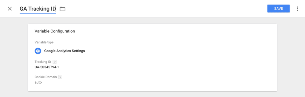 Google Tag Manager variable configuration showing Google Analytics tracking ID UA-50345794-1