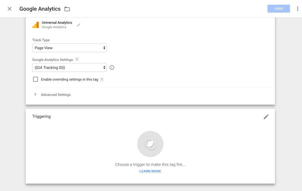 Google Tag Manager Universal Analytics tag setup with Page View track type