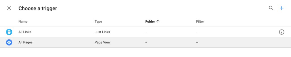 Google Tag Manager trigger list showing Just Links and Page View trigger types