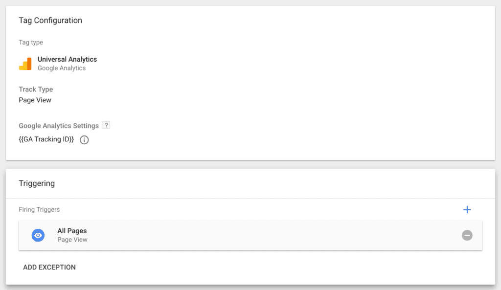 Google Analytics tag configuration screen with tracking ID and All Pages trigger