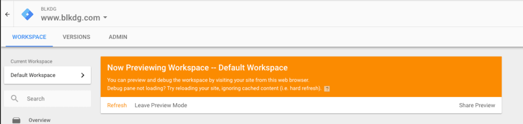 Google Tag Manager preview mode banner for blkdg.com workspace