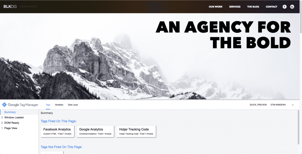 Google Tag Manager preview showing Facebook Analytics, Google Analytics, and Hotjar tags fired