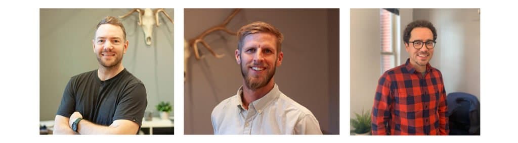 Three smiling BLKDG team members in individual color headshot photos