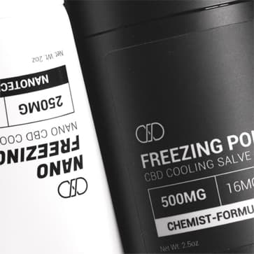 CBD Cooling Salve and Nano Freezing Powder packaging labeled 500mg, chemist-formulated