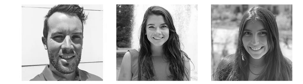 Three smiling BLKDG team members in individual black-and-white headshots