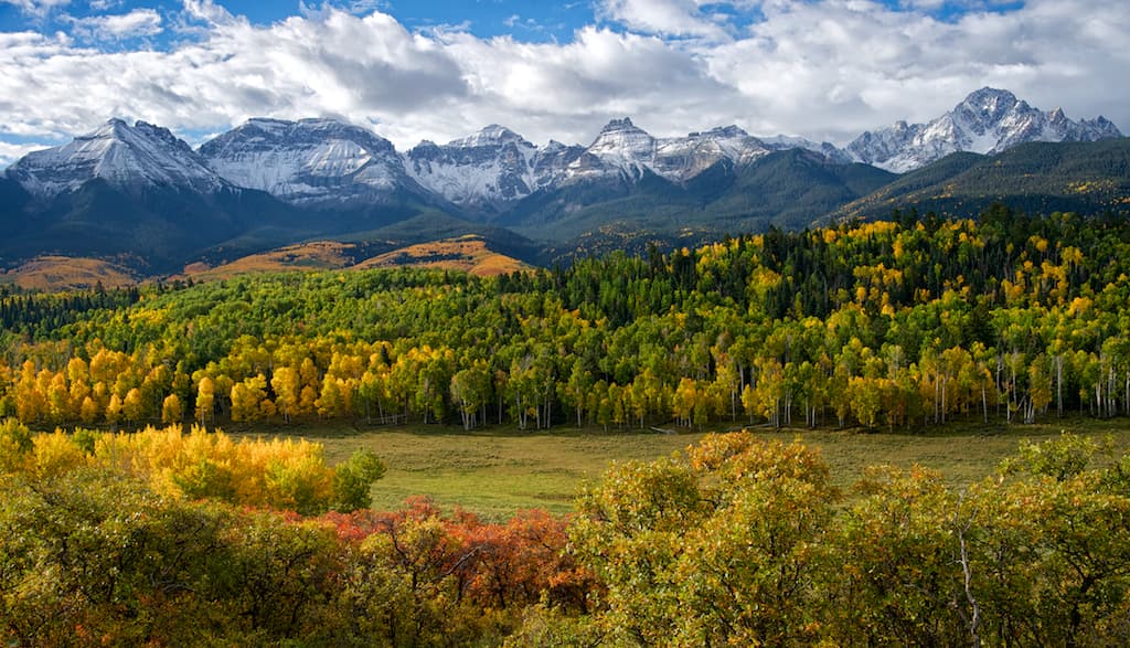 Snow-capped Mount Sneffels Range with golden aspen trees in fall