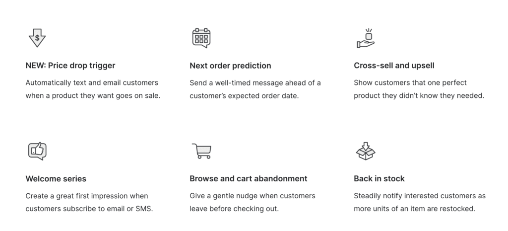 Klaviyo automation icons: price drop trigger, next order prediction, cross-sell and upsell, browse abandonment, back in stock