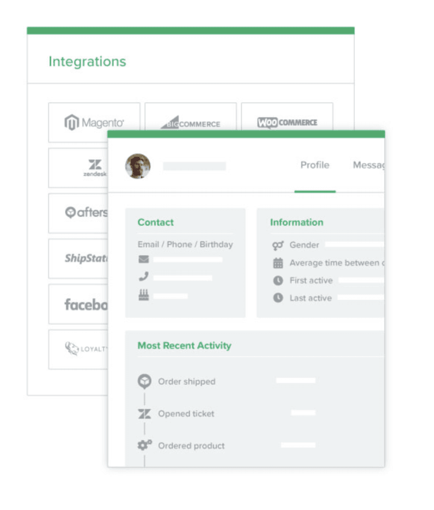 Customer profile popup overlaying ecommerce platform integration logos like Magento and WooCommerce