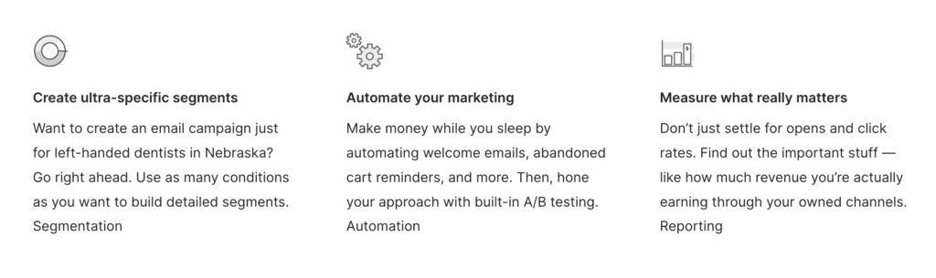 Segmentation, Automate your marketing, and Measure what really matters feature descriptions