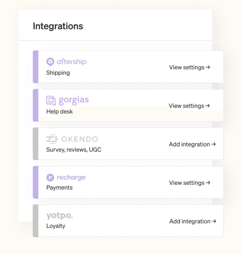 Klaviyo integrations panel listing Aftership, Gorgias, Okendo, and Recharge apps