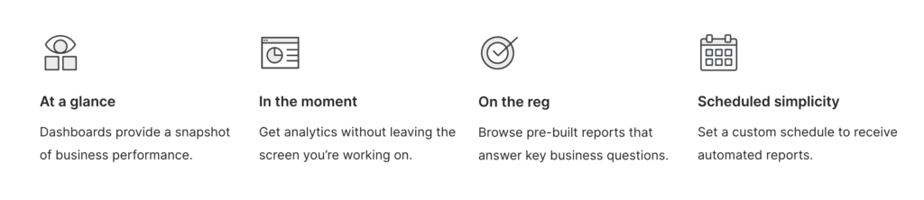 Klaviyo analytics feature icons and headlines: In the moment, On the reg, Scheduled simplicity
