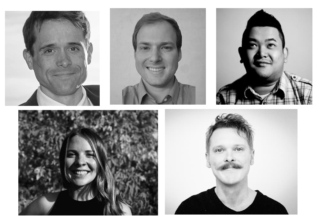 Grid of five black-and-white headshot photos of BLKDG team members.