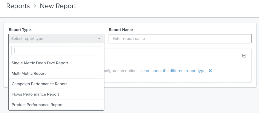 Klaviyo New Report screen with report type dropdown and name field