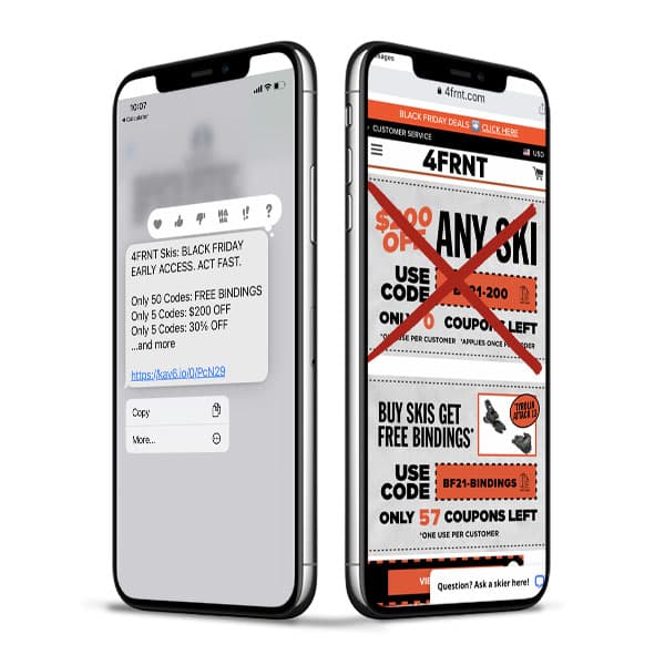 Mobile screens showing a 4FRNT SMS Black Friday alert and website coupon page