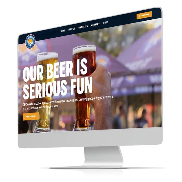 Craft brewery desktop homepage reading 'Our Beer Is Serious Fun' with two beer glasses being toasted.