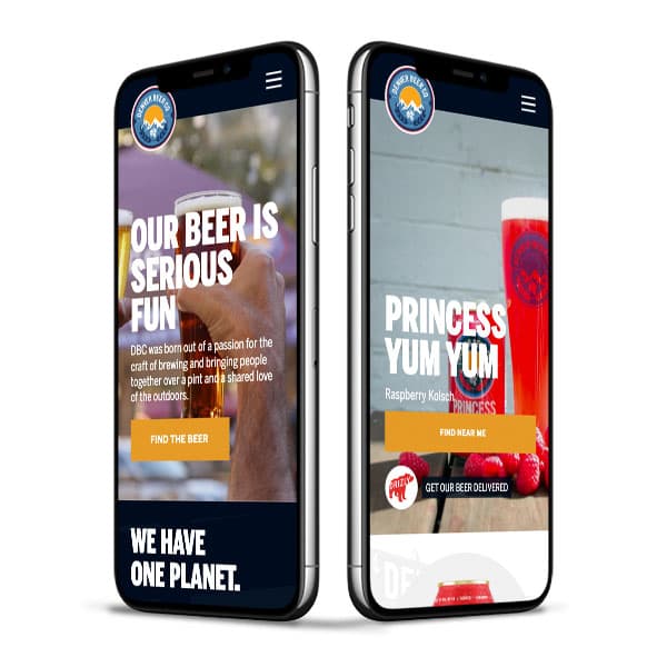 Mobile website mockups showing a craft brewery homepage and Princess Yum Yum beer product page