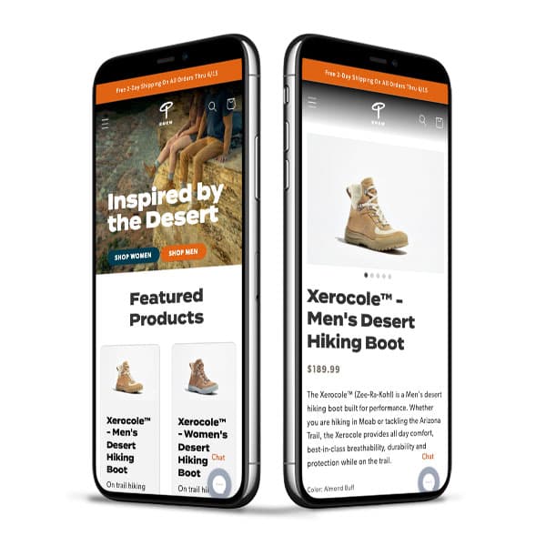 Outdoor footwear ecommerce mobile website showing homepage and a desert hiking boot product page.