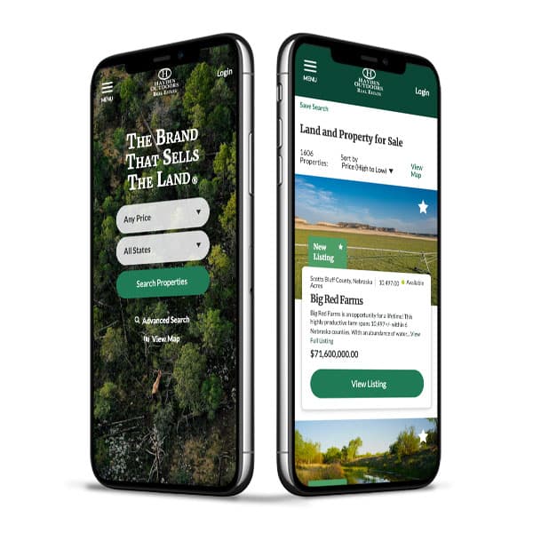 Hayden Outdoors Real Estate mobile website showing property search and land listing details.