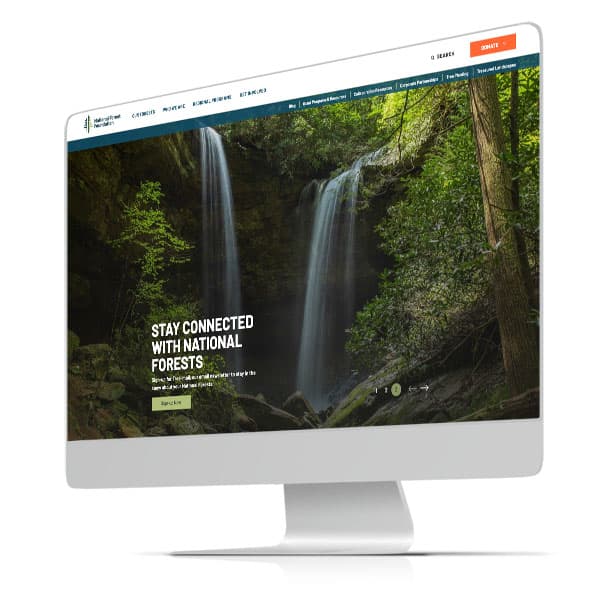 National Forest Foundation website homepage on desktop screen with waterfall photo and donate button.