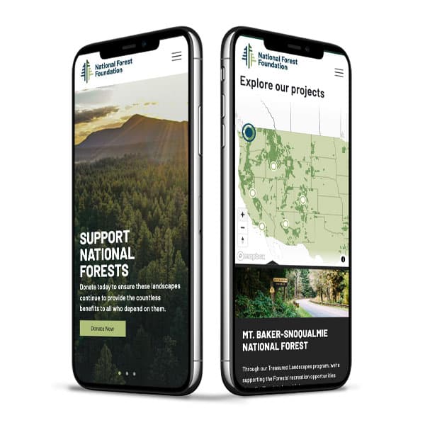 National Forest Foundation mobile website showing donate page and interactive forest project map.