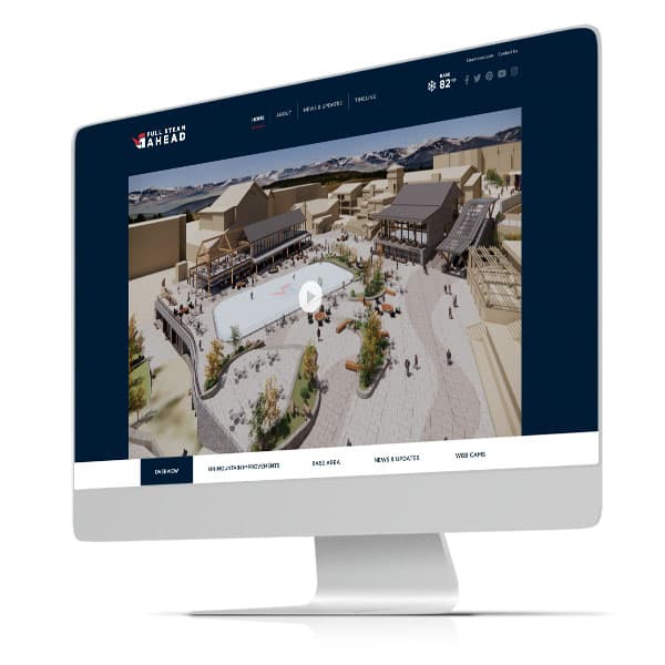 Full Steam Ahead resort development website shown on a desktop monitor mockup