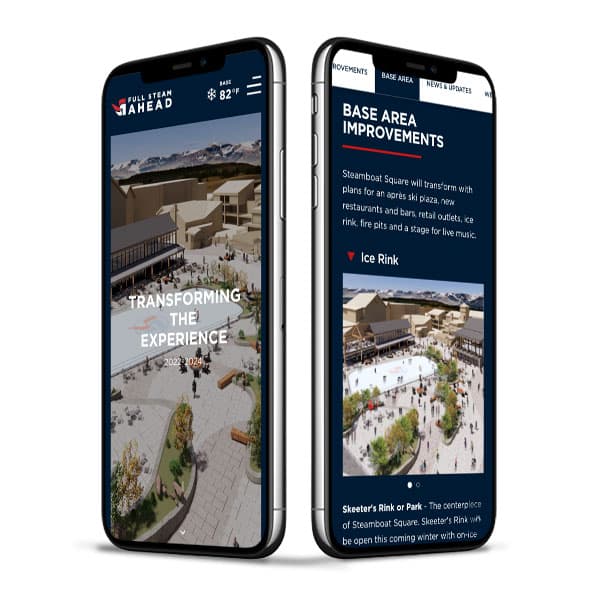 Full Steam Ahead website mockup on two phones showing Base Area Improvements and ice rink page.