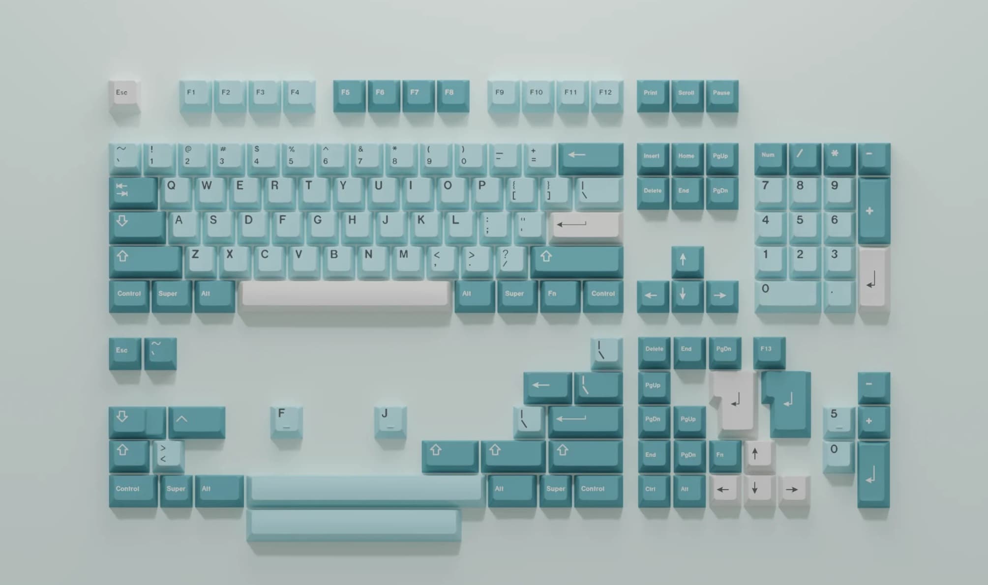 Teal and white mechanical keyboard keycap set arranged in full layout.