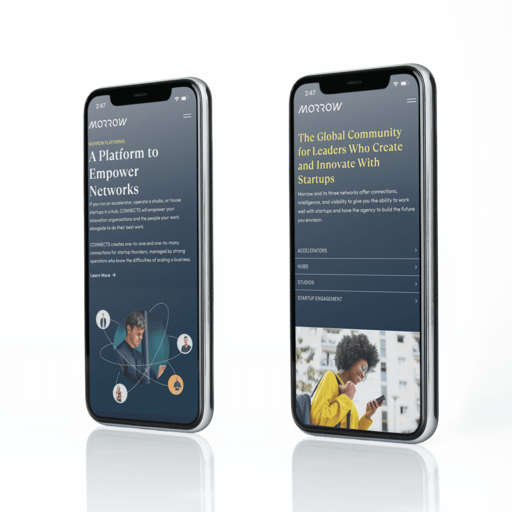 Mobile screens showing Morrow's platform pages for accelerators, hubs, and startup studios