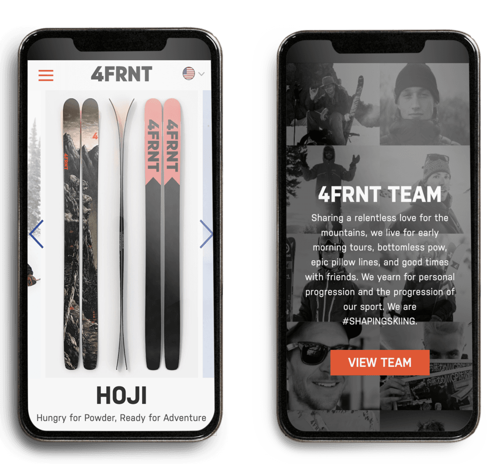 Tablet mockup of 4FRNT ski website showing product page and team page