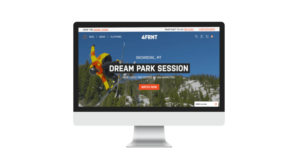 Desktop mockup of 4FRNT website homepage featuring Dream Park Session ski video