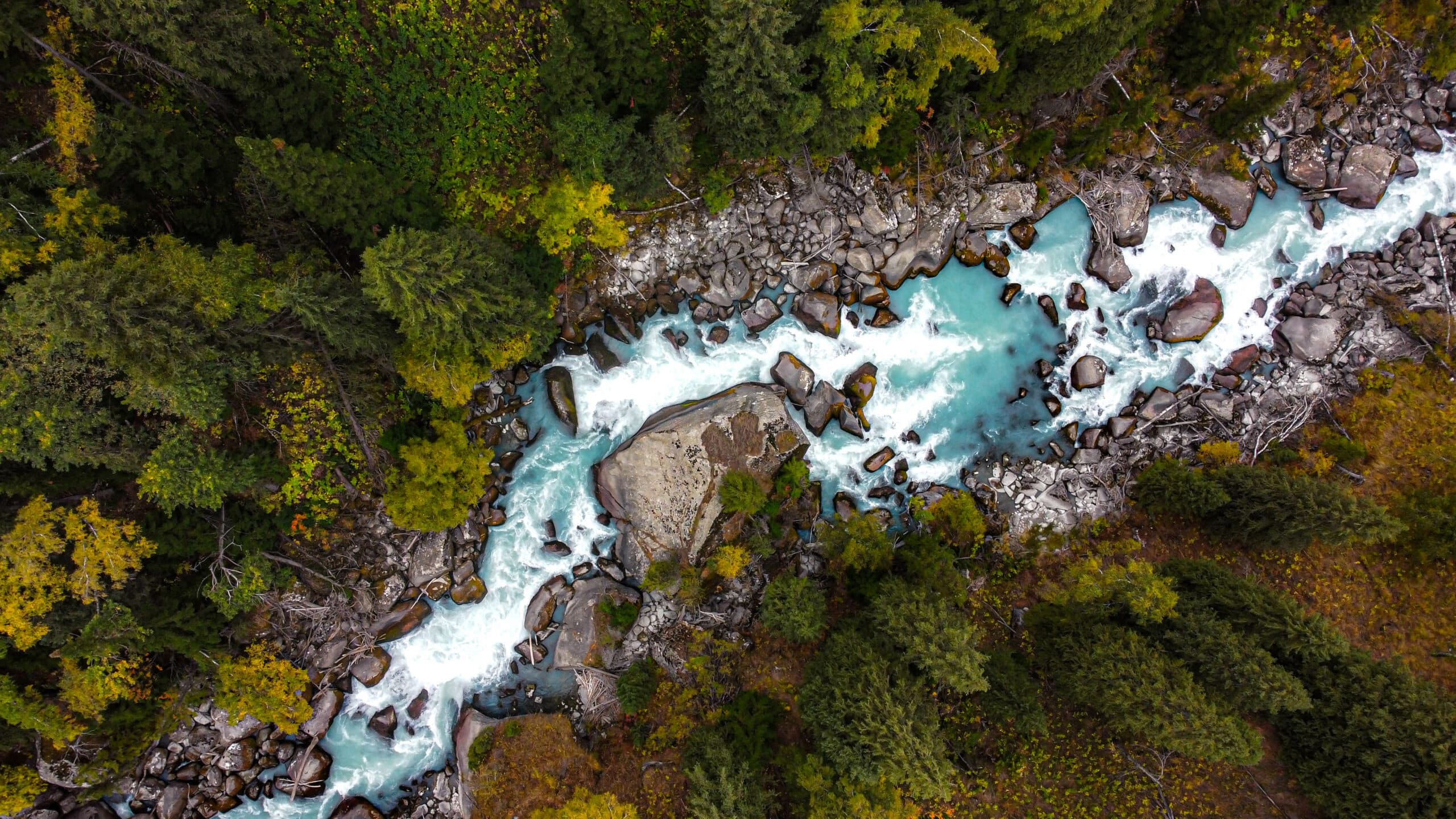 Aerial view of a turquoise river cutting through a rocky, forested valley